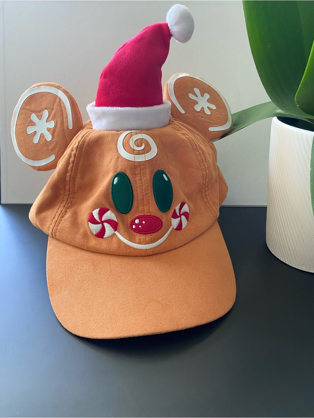 Disney Orange Gingerbread Mouse Hat with Red Santa Topper